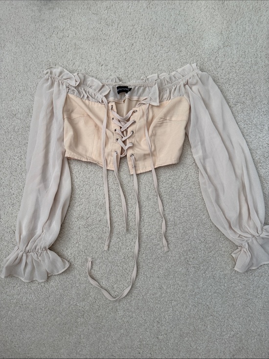 PrettyLittleThing Tops - PrettyLittleThing Cream Lace-Up Off-Shoulder Crop Top